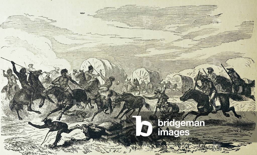 UNITED STATES (XIX). Apaches attack a caravan. Engraving. Private Collection ©Lorio/Iberfoto/Leemage
