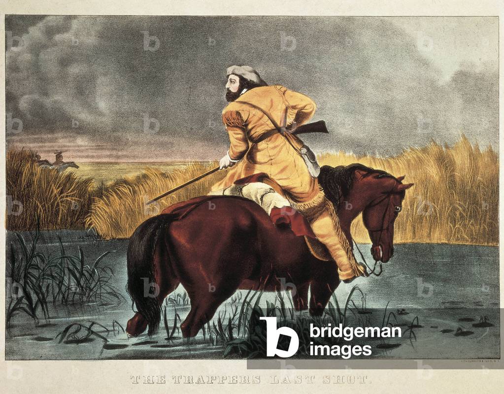 Trapper a la chasse aux Etats Unis, 19eme siecle. Lithographie. Kobenhavns Bymuseum, New York.