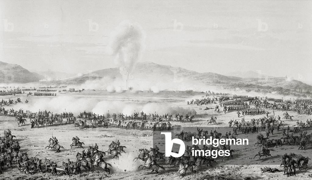 The Battle of Tetouan (Tetuan, Morocco), February 4, 1860, opposing the Spaniards under the order of General O'Donnell and the Moroccan army guided by Muley-el-Abbas (Muley el Abbas). Lithograph 19th century. San Telmo Municipal Museum, Donostia (Spain).