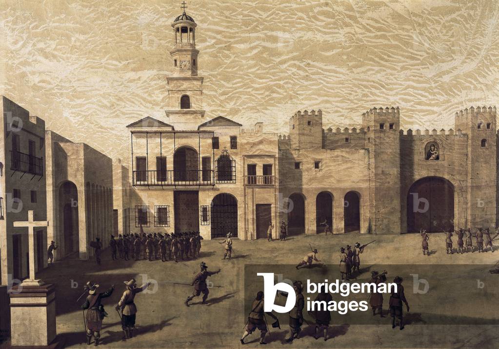 View of San Juan de Dios Square (Saint John of God) and the town hall of Cádiz, in 1596. Painting by J.Garcia (16th th). Oil on canvas, 1596, Spanish art. Cadiz City Hall.