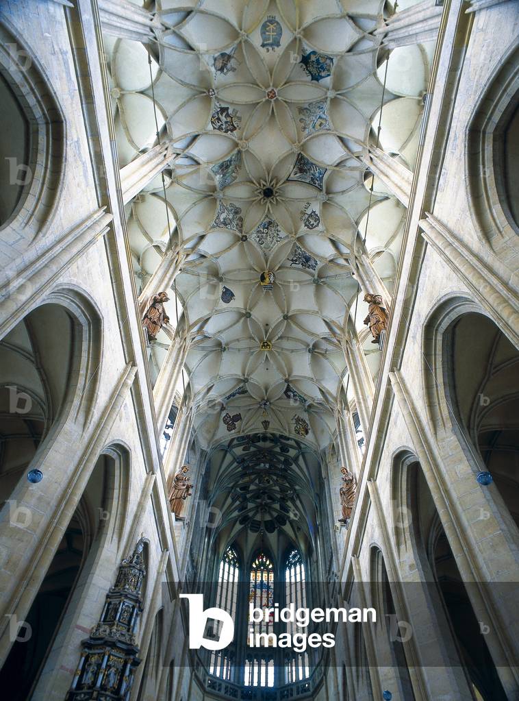 Vault of the central nave of the cathedral of Santa Barbara in Kutna Hora, Czech Republic, built by Peter Parler (1330-1399) and completed by Benedikt Rietl (1454-1534), and dedicated to the patron saint of miners, 1388-1512 (photo)