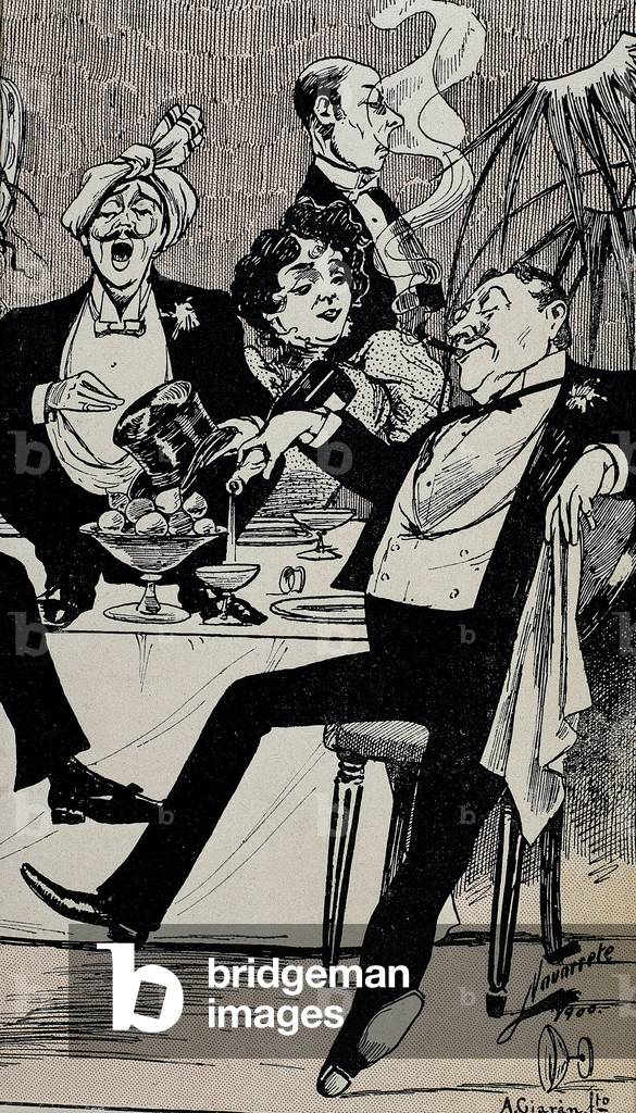 The bad night (mala noche). Christmas Eve scene with rich people drinking champagne. 1900 (engraving)