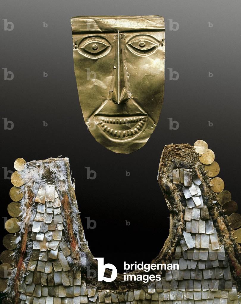 Pre-Columbian civilization: mask and pectoral of fabric, gold, feathers, beads and gold discs. 200 BC-600 AD (fabric, gold, feathers, beads)