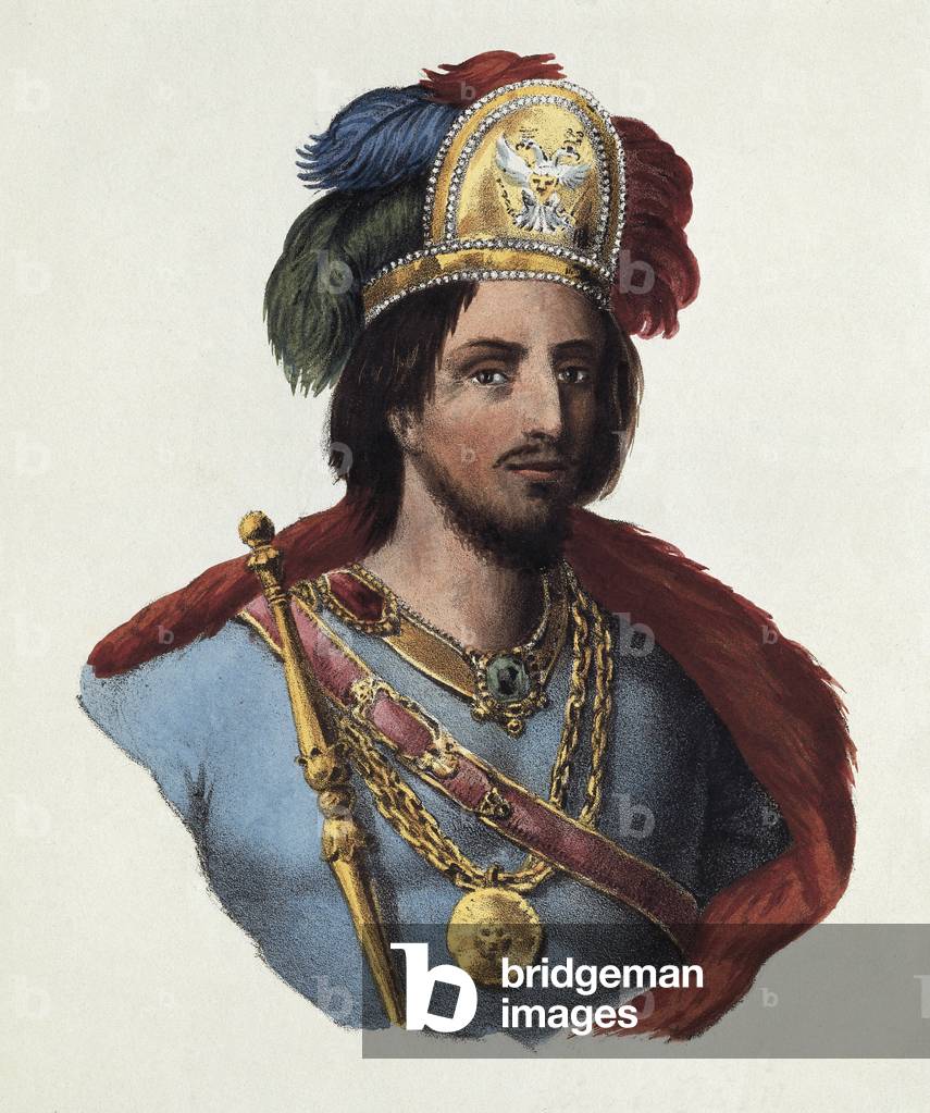 Portrait of Moctezuma II (1467-1520), King Aztec, last emperor of Mexico. Engraving Study of Brahms in Vienna.