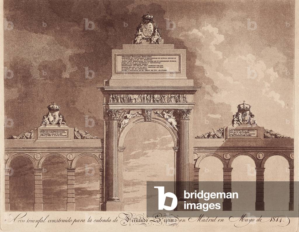Triumphal arch built on the occasion of the entry of Ferdinand VII (1784-1833) in Madrid, Spain, 1814 (engraving)