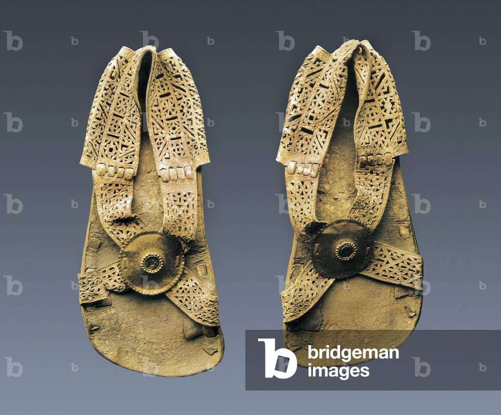 Leather sandals with geometric pattern, from the pre-Columbian mochica or moche civilization (3rd century)