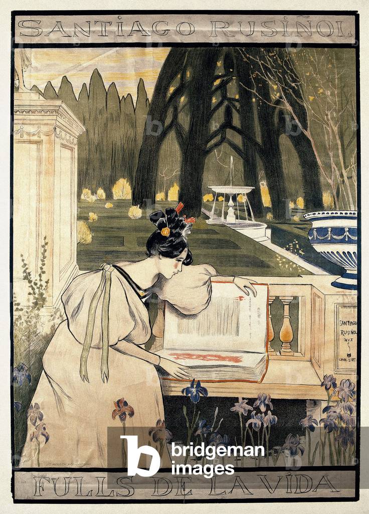 Poster presentation of “The pages of life”, series of lithographs illustrating poems in prose by Santiago Rusinol y (i) Prats (1861-1931), 1898 (lithograph)