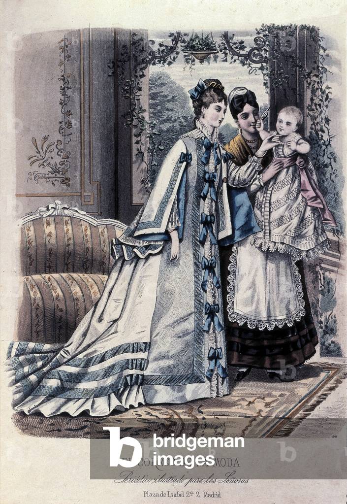 An elegant woman in a dress with knots caresses the face of her baby who is worn by a servant, 1835-68 (engraving