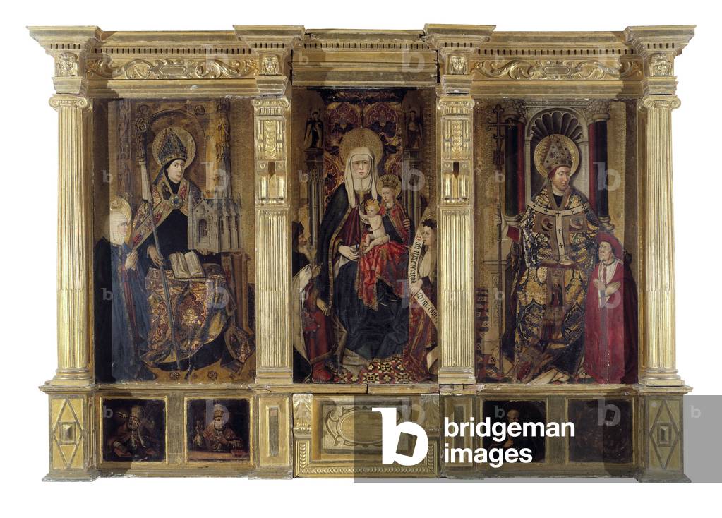 The altarpiece of Saint Ildefonso (died 667, bishop of Tolede) and St. Augustine of Hippo (c. 354-430, Berber philosopher and writer). Painting by Jaume Baco dit Jacomart (1410-1461). Oil on wood, circa 1450, Renaissance art. Cathedrale Sainte Marie la Seu, Valencia, Spain.