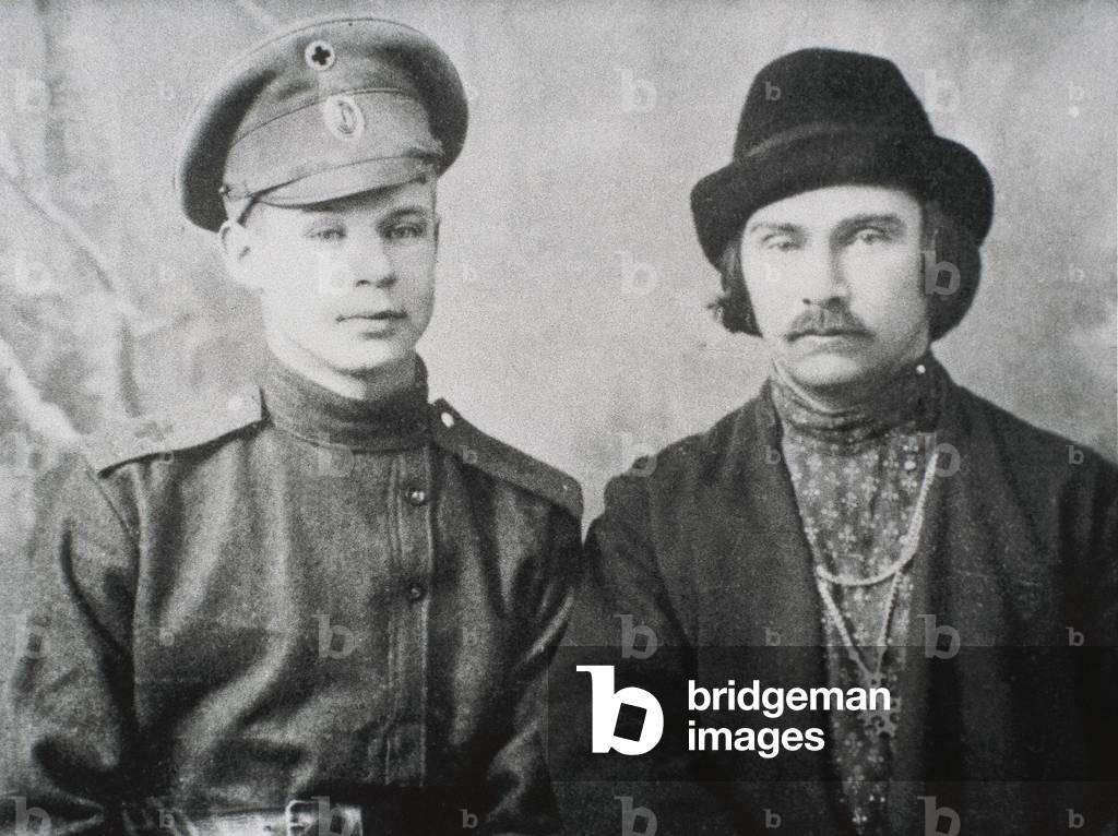 Portrait of Russian poets Sergei Aleksandrovich Esenin (Sege Essenin) (1895-1925), on the left, and Nicholas Kluev (Klyuev or Klyuev, Kluyev) (1887-1937) during the First World War.