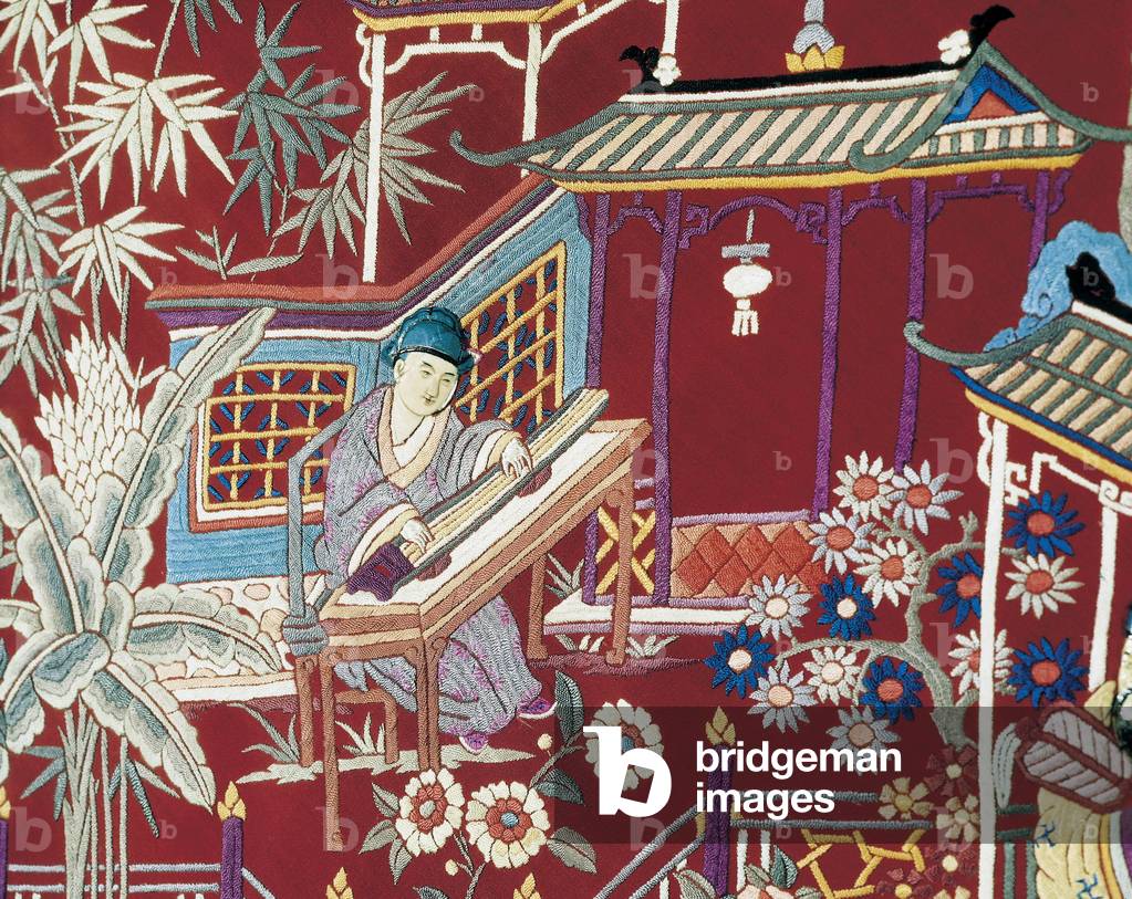 Scene with a musician playing the guhzeng. Embroidery on a Manila shawl, 19th century (embroidered textile)