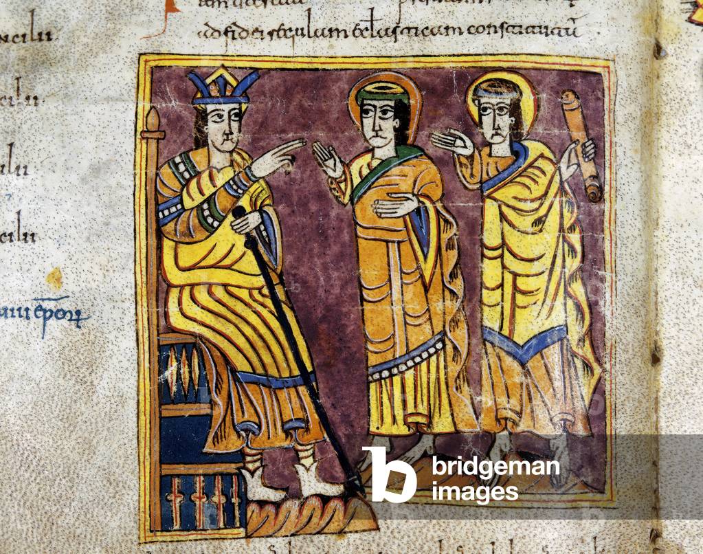 Emperor Constantine (272-337) receives the consuls Paulinus and Julian, in Codex Albeldense, 976 (illuminated miniature)