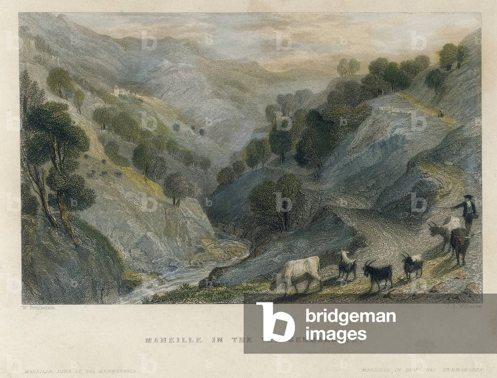 Herds on a road in the Bergamasca valley, Alps, Italy. Illustration of William Brockedon (1787-1854) 19th century