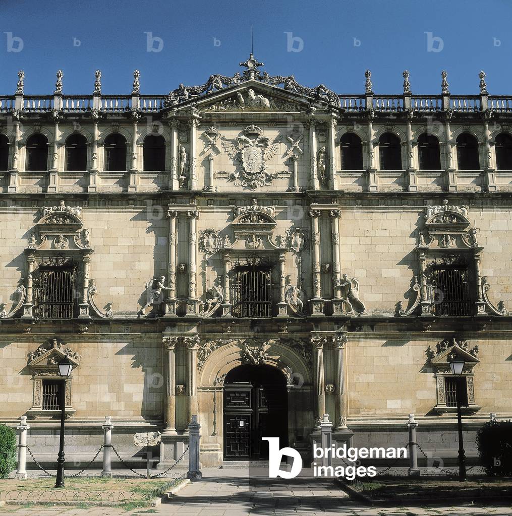 Architecture: view of the facade of the Universidad Complutense, University of Alcala de Henares, founded in the 15th century. Spain