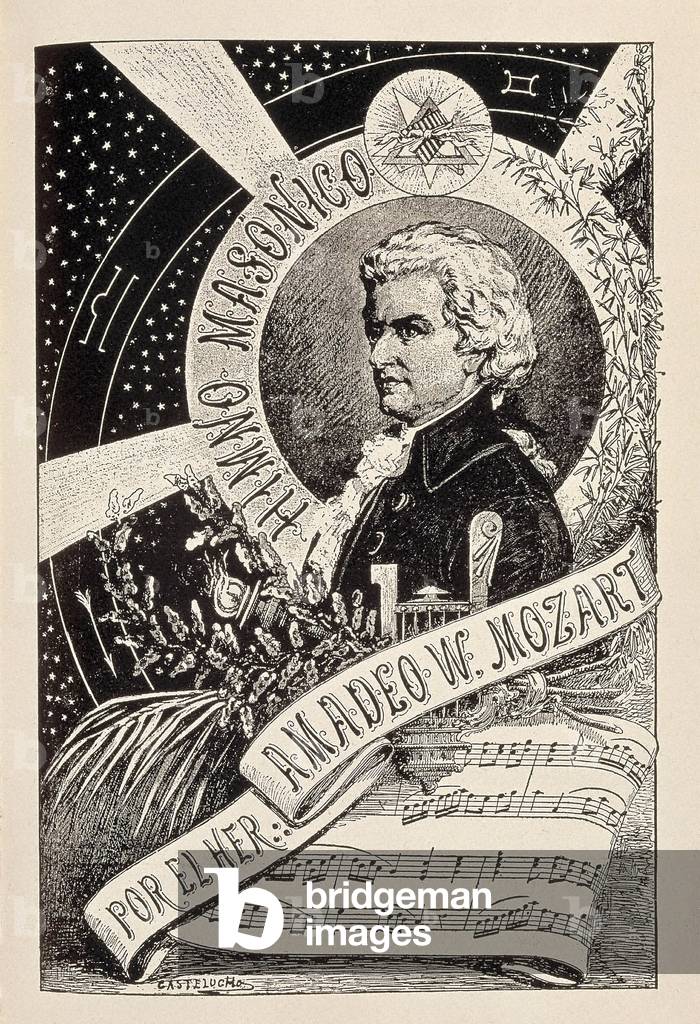 Representation of the Austrian composer Wolfgang Amadeus Mozart (1756-1791), a Freemason member associated with the Encyclopedic Dictionary of Freemasonry, late 19th - early 20th century (engraving)