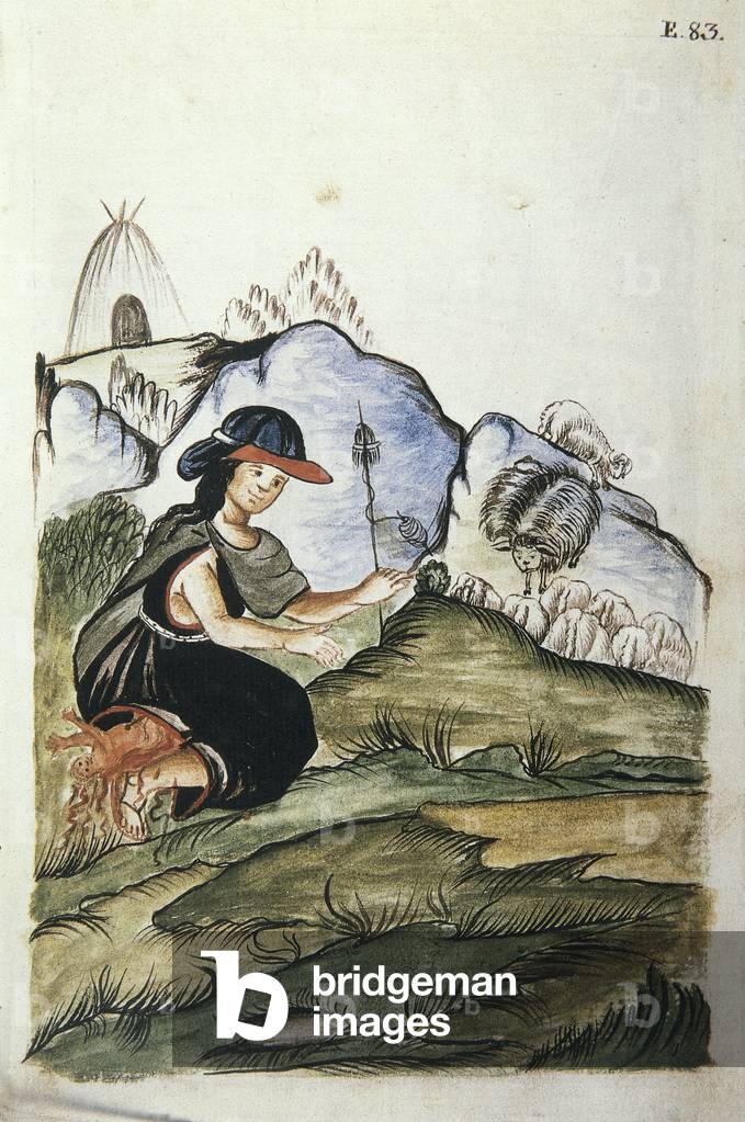 Young Indian shepherdess woman giving birth in nature, from the book 
