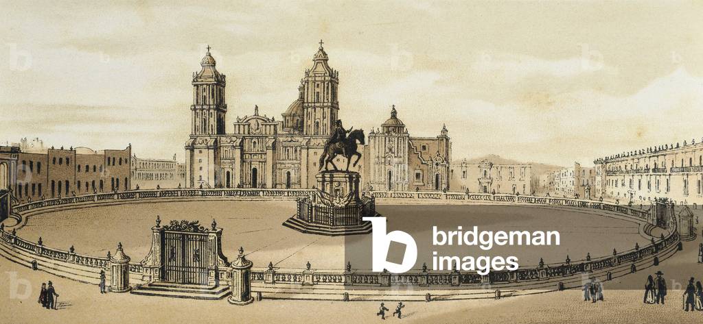 View of Zocalo Square and Cathedral in Mexico City, Mexico Late 19th Century Lithograph