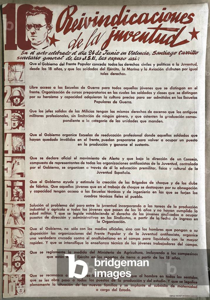 10 reivindicaciones de la juventud (Ten demands of youth), 24 June 1937 (litho)
