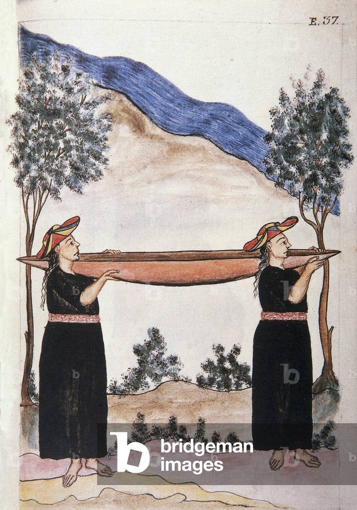 Moyobamba Indians wearing their canoe, from the book 