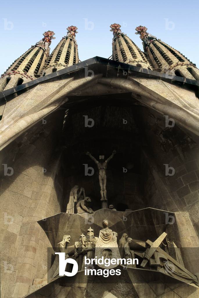 Stone sculpture by Subirachs on the facade of the Passion, Cathedral of the Sagrada Familia (Holy Family), in Barcelona (Spain) designed by Gaudi, 1927 (stone)