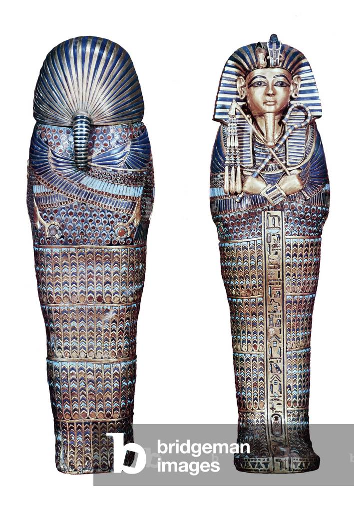 Front and rear view of one of the canopic coffins, from the Tomb of Tutankhamun (c.1370-1352 BC) New Kingdom (beaten gold inlaid with coloured glass & cornelian)