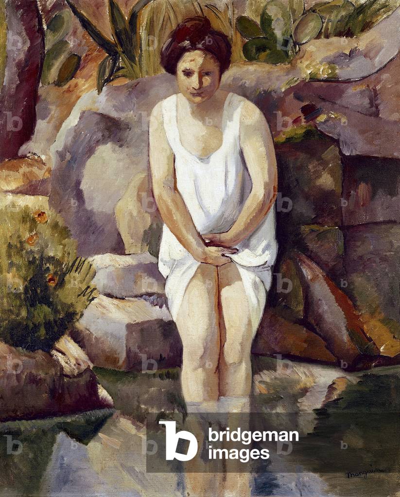 “The Bath” A woman shyly entering the cold water of a river (oil on canvas)