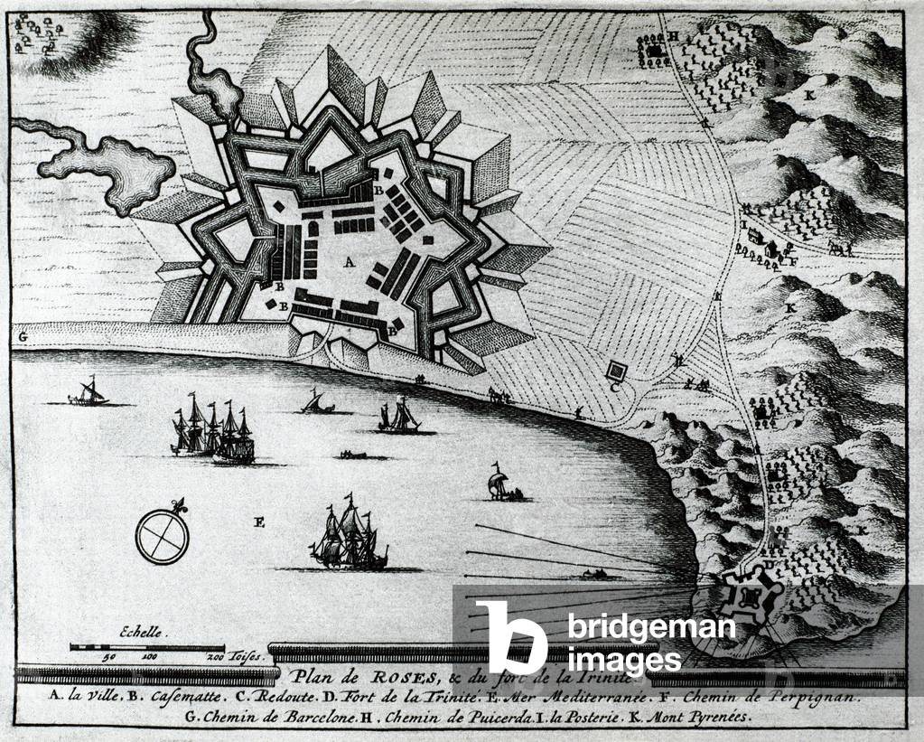French map of the city of Roses and the Fortress of Trinity in Spain (xylography)