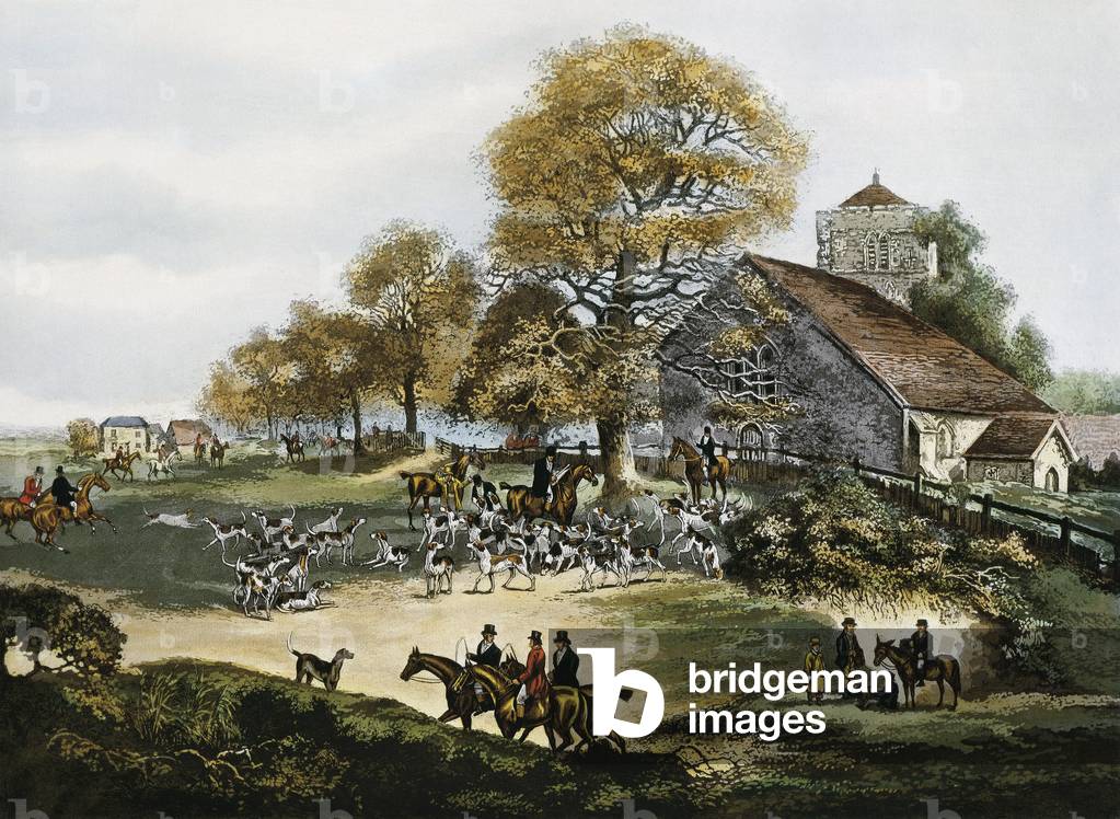 Fox hunting in Surrey, great Britain, 1824 (colour litho)