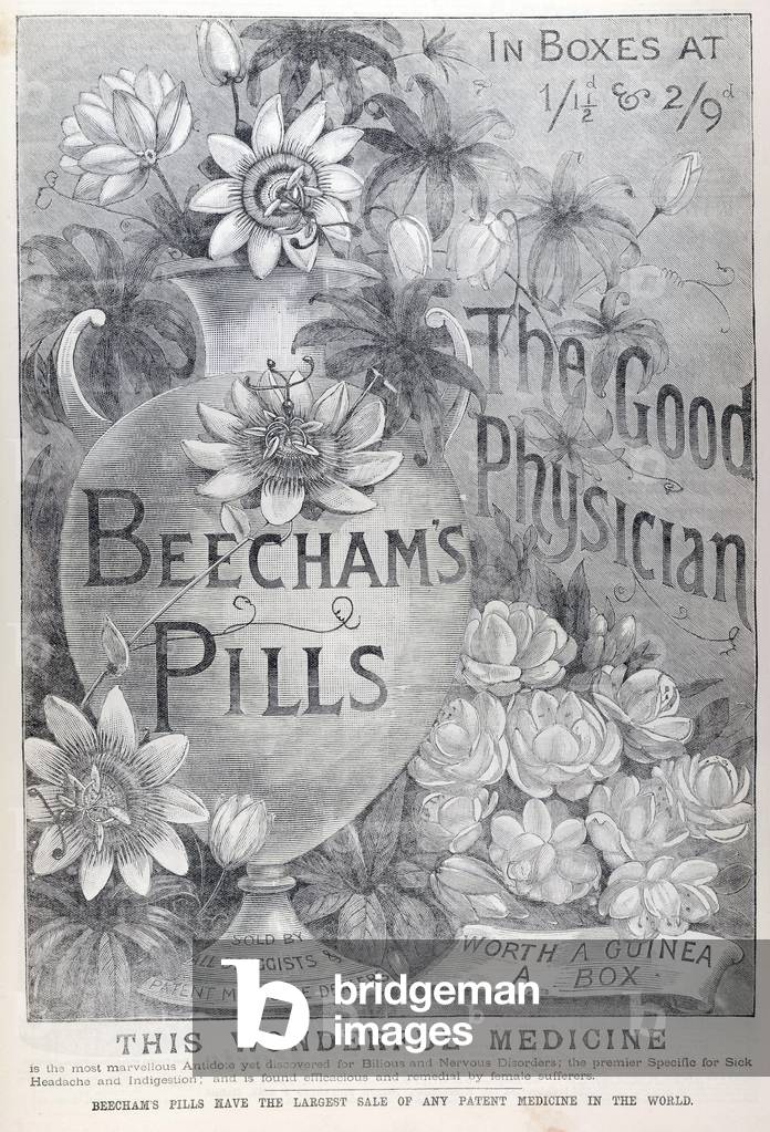 Medicine (1887). Advertisement Beechams Pills. This wonderful medicine is the most marvellous Antidote yet discovered for Bilious and Nervous Disorders; the premier Specific for Sick Headache and Indigestion; and is found efficacious and remedial by female sufferers (engraving)
