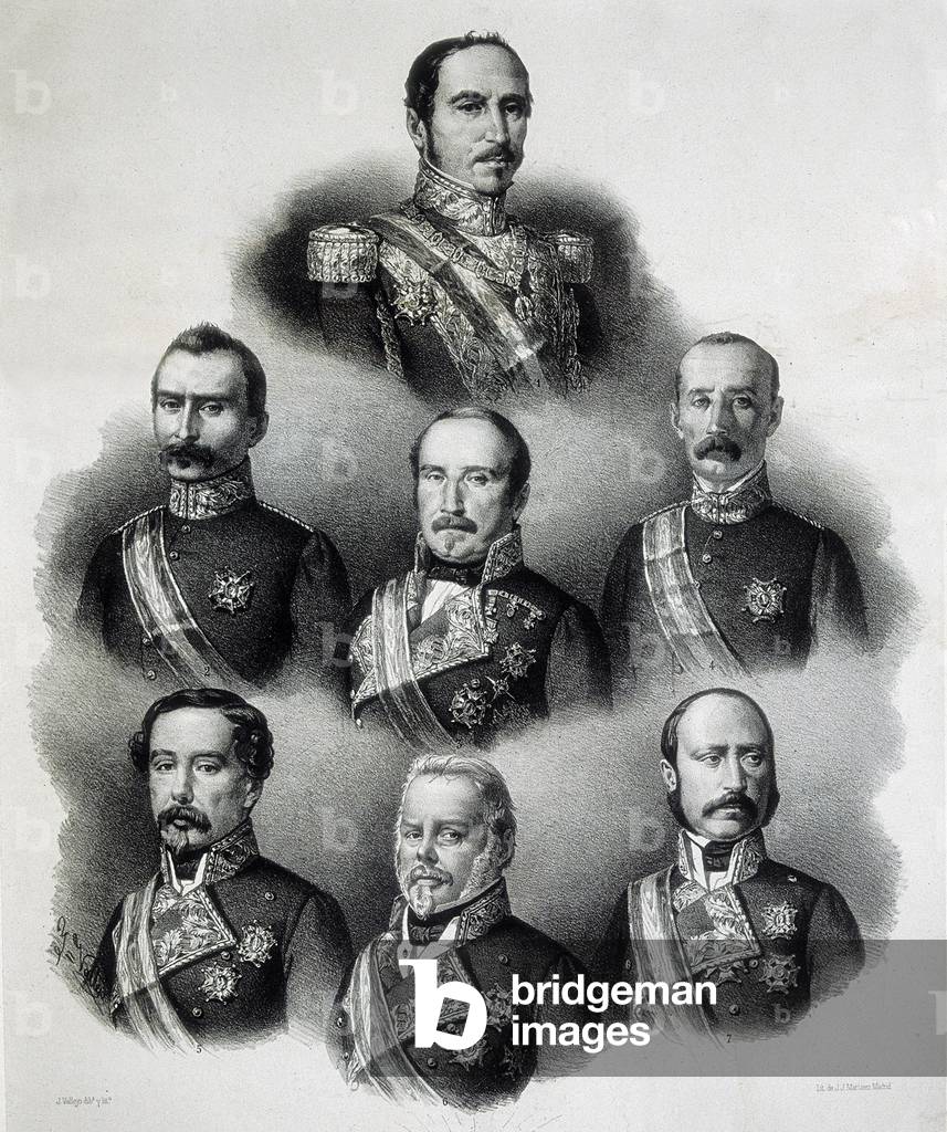 The new government of 1854 (Bienio Progressista): portrait of government members (from top to bottom:) Baldomero Espartero (1793-1879), Domingo Dulce (1808-1869), Leopoldo O'Donnell (1809-1867), Antonio Ros de Olano (1808-1886), Feliz Maria de Messina (circa 1798-1872), Aristo San Miguel (1785-1862) and Francisco Serrano (1810-1885). Engraving 19th century by Jose Vallejo (?).