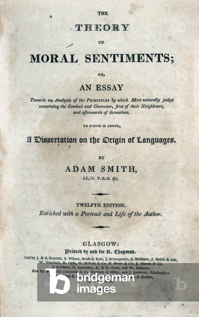 Frontispiece of “Theory of moral feelings” by Scottish philosopher and economist Adam Smith (1723-1790), 1809 (engraving)