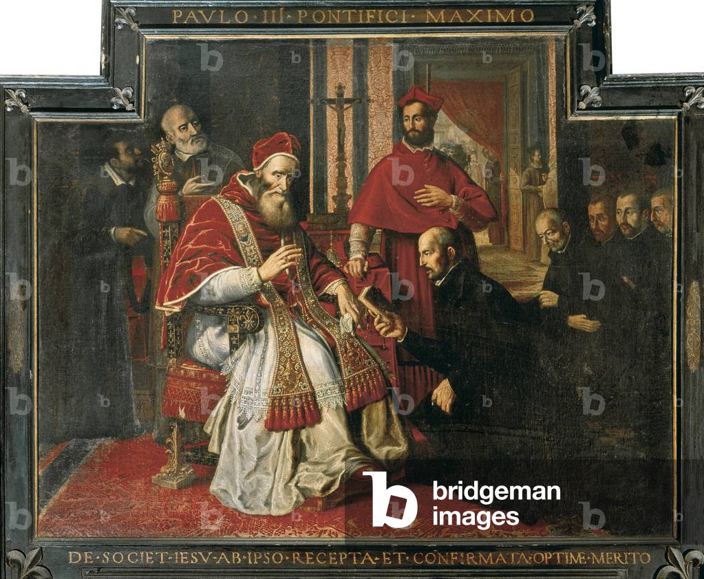 The pope Paul III (Alessandro Farnesio, 1468-1549) is receiving the rule from St Ignace de Loyola (1491-1556) and approves the foundation of The society of Jesus