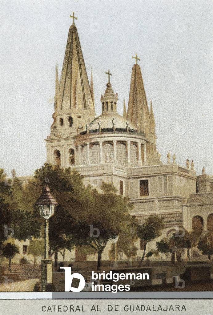 View of the cathedral of Guadalajara in Mexico City, Mexico. Chromolithography of the 19th century