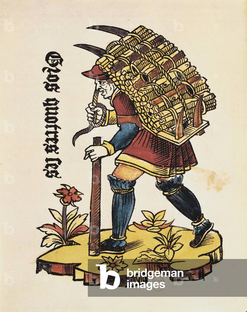 Wood carrier, 16th century (colour etching)