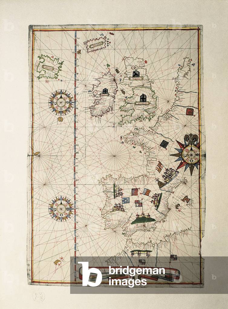 Map of European odds on the Atlantic Ocean, including Gibraltar, Portugal, Spain, England, Ireland and Iceland, as well as North Africa. Manuscript in Atlas Portulan of Messina (Italy), from 1582 (engraving)
