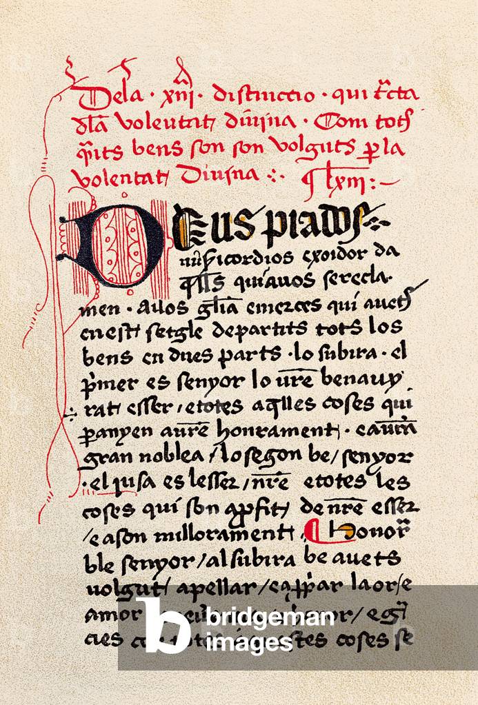 First page of the edition of the “Book of the contemplation of God” (Llibre de la contemplacio de Deu) Catalan philosopher and mystic Ramon Llull (Raymond Lulle, 1235-1315). 15th century