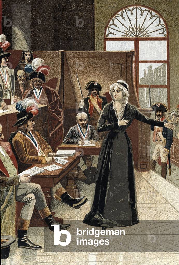 French Revolution: the queen of France Marie Antoinette in front of the judge during her trial on 14 october 1793 (drawing),