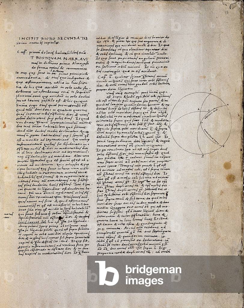 Page from a translation of the manuscript “Almageste”” (Almagest, The Great Book) from Ptolemy (Claudius Ptolemaeus) (100-170 ap. JC), Egyptian astronomer, geographer and mathematician. Folio 33. University Library of Salamanca, Salamanca.