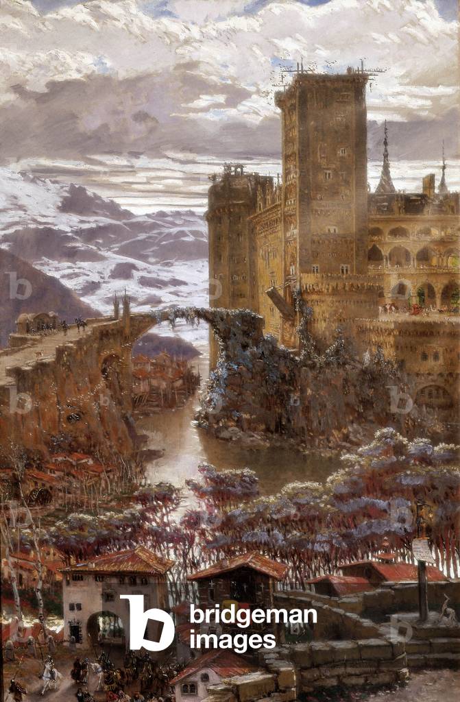 View of a romantic castle. Painting by Antoni Munoz i Degrain (1841-1924). The beginning of the 20th century. Valencia. Museum of Fine Arts San Pio V.