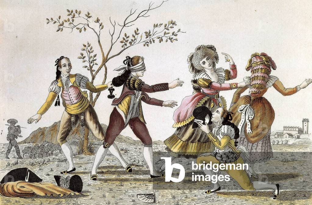 Blind man's buff: A blindfolded man seeks to find his game companions, 18th century (engraving)