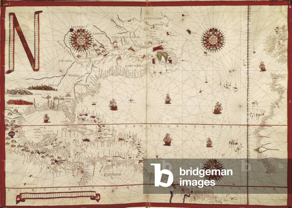 Map of the North Atlantic Ocean. Manuscript in Atlas Portulan from 1591 (engraving)
