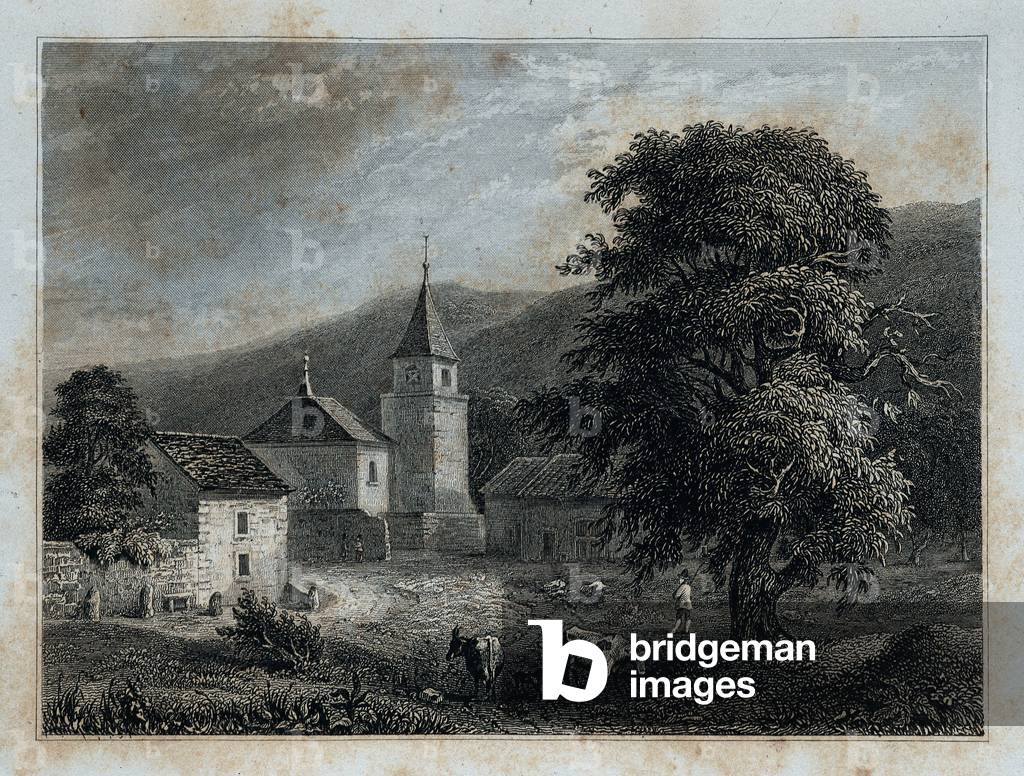 View of the presbytery of Bossey where the philosopher Jean-Jacques Rousseau (1712-1778) studied between 1722 and 1724, Switzerland, 1852 (engraving)