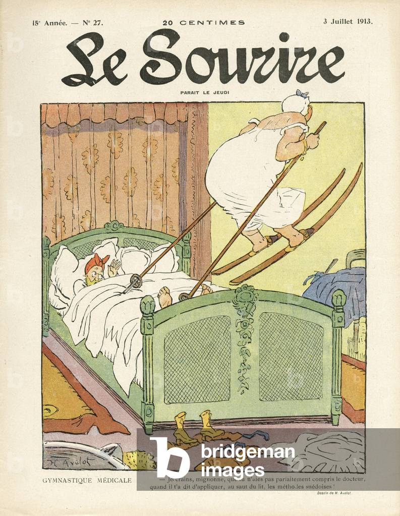 Illustration by Henri Avelot (1873-1935) for the Cover of Le Smile, no 27, 27/07/13 - Medical Gymnastics - Medical, Internal Architecture, Ski, Bedroom