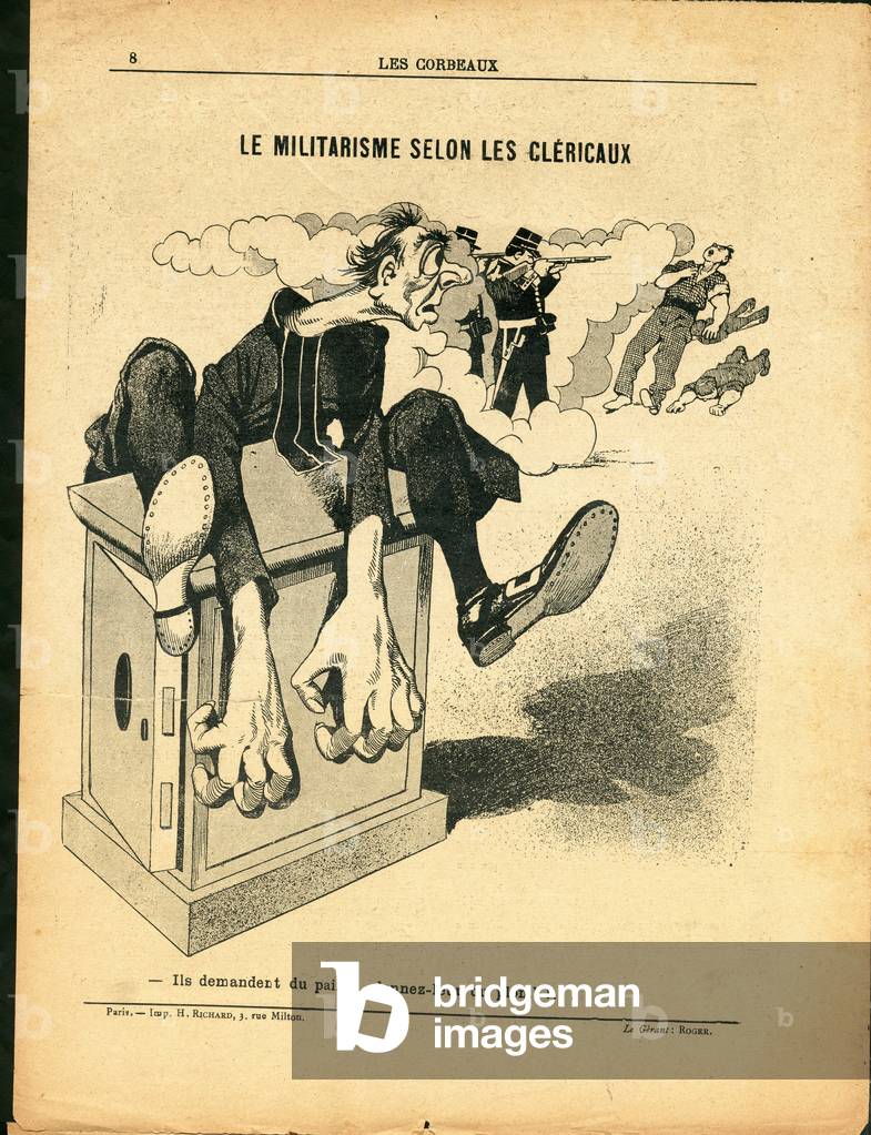 Les Corbeaux (Paris), number 33, Satirique en N & B, 1905_11_12: Militarism according to clerical - Anticlericalism - Cupidite/Avarice, Sabre et pin, Eg opposing the people - Cures