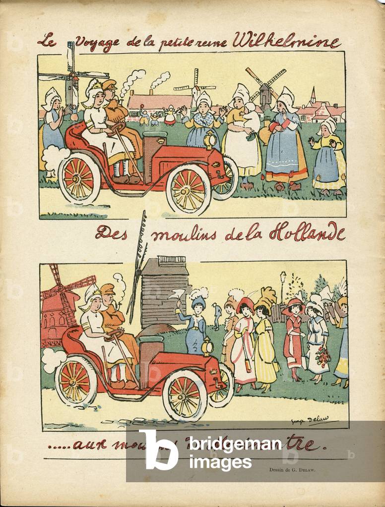 Illustration of George Delaw (1871-1938) in Le Lire, 01/06/12 - The journey of the little queen Wilhelmine - Automobile, Holland Netherlands, Montmartre, Windmills - Wilhelmine