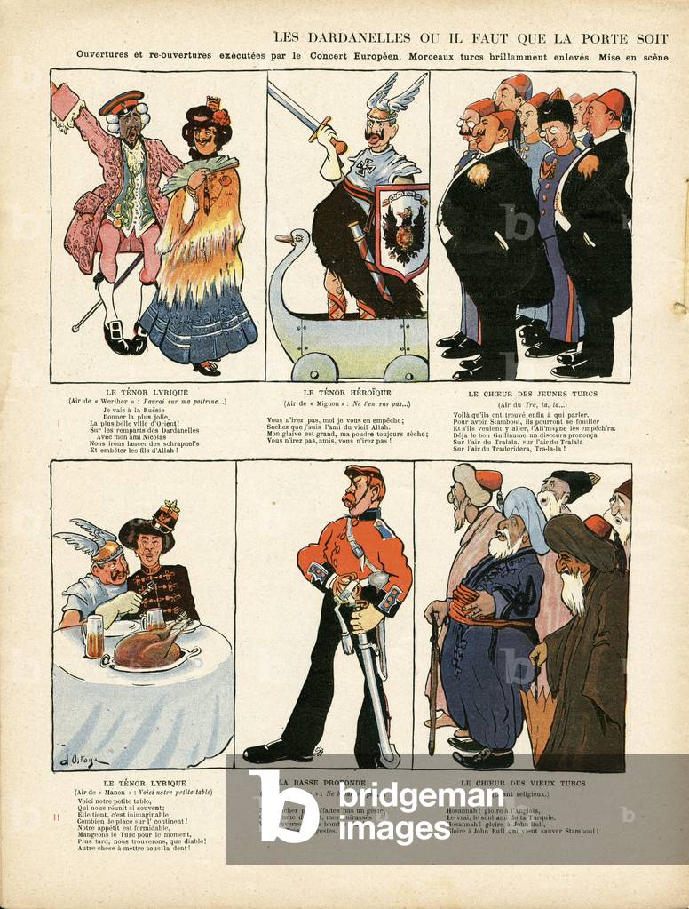 Illustration by George of Ostoya-Sochinsky called D'Ostoya (1878-1937) in Le Rire, 08/06/12 - The dardanelles or the door must be - Germany Prussia, England Great Britain, Turkey, Dardanelles, War of 14-18 first mices - William II