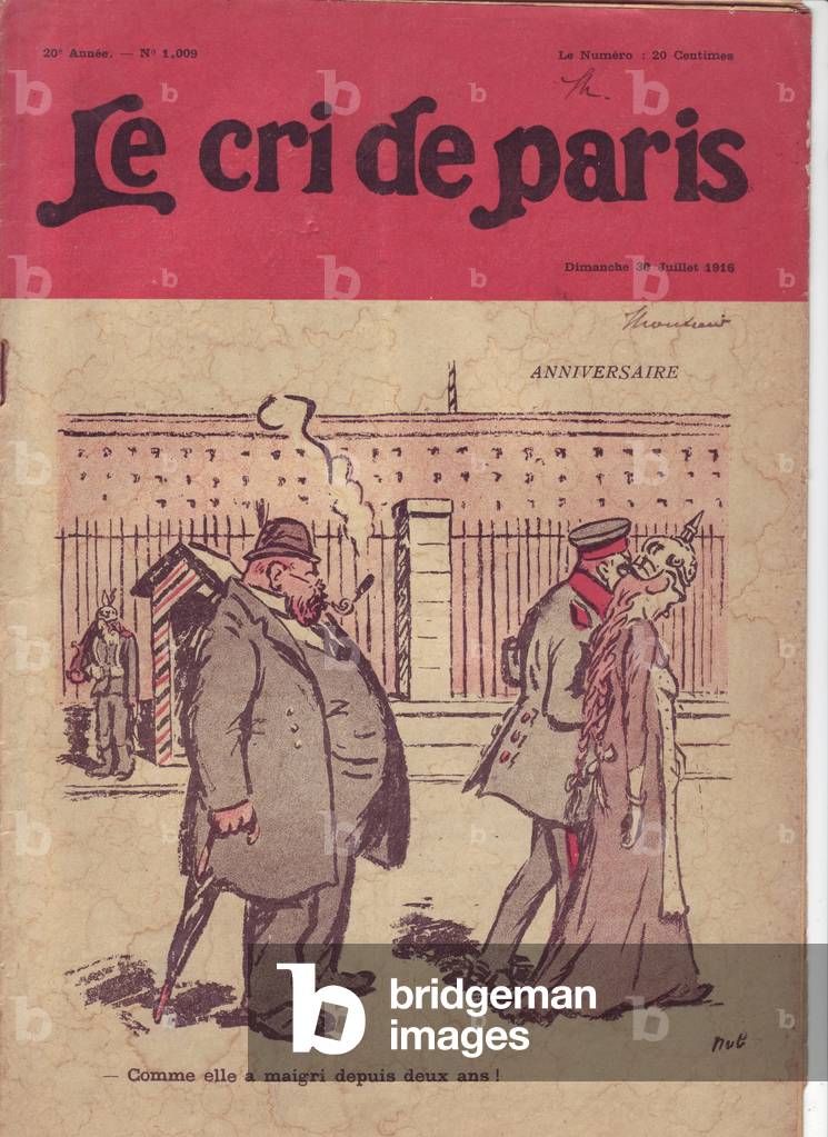Illustration of Marcel Noblet dit Nob (1880-1935) for the Cover of Le Cri de Paris, 30/07/16 - Anniversary “” As she has lost weight for two years”” - War of 14 -18, Germany Prussia, Economy - Germania - Fat/skinny