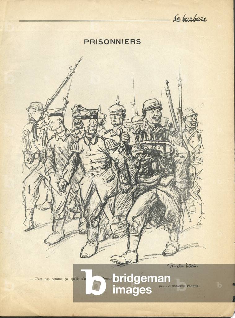 Illustration by Ricardo Flores (1878-1918) in The Barbarian, No. 4, 15/11/14 - War of 14 -18, Germany Prussia - Prisoners
