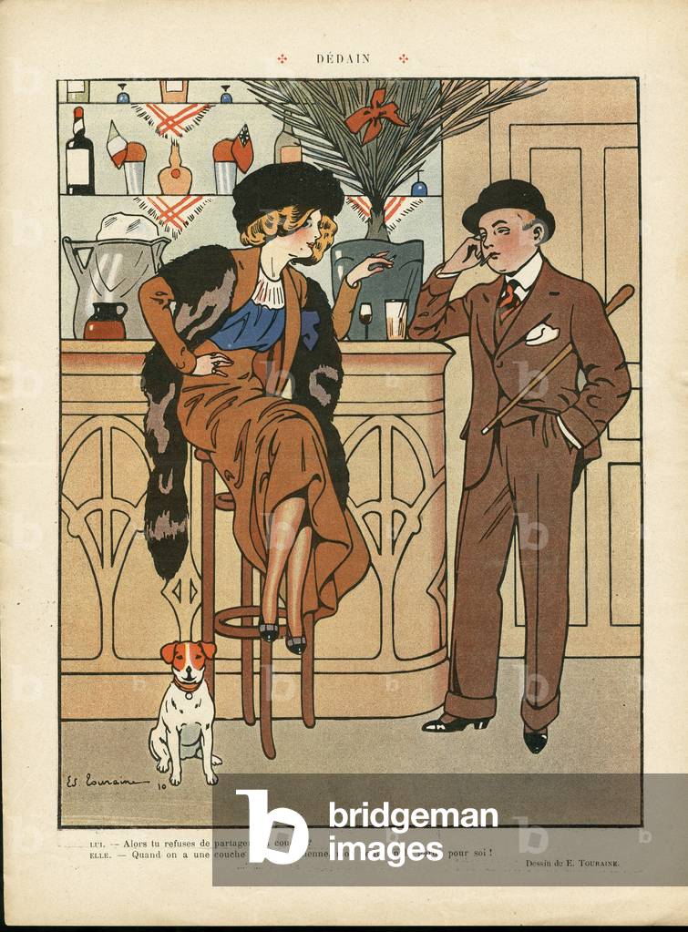 Illustration of Ed. Touraine (1883-1916) in Le Rire, 12/03/10 - Dedain - Restaurant Cafes, Love, Fashion, Hat, Inside architecture, Pets - Dog