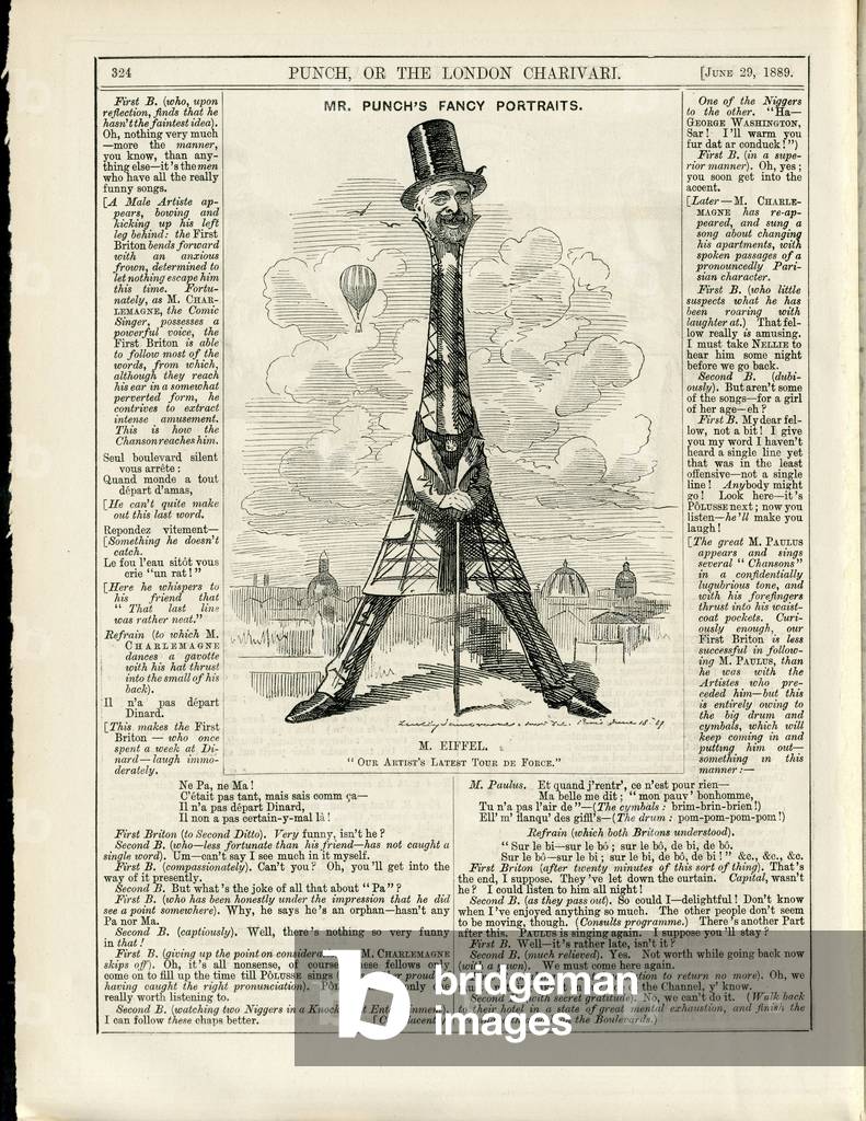Illustration of Sambourne (1844-1910) in Punch, 1889-6-29 - Eiffel Tower, English language, Foreign press - Eiffel